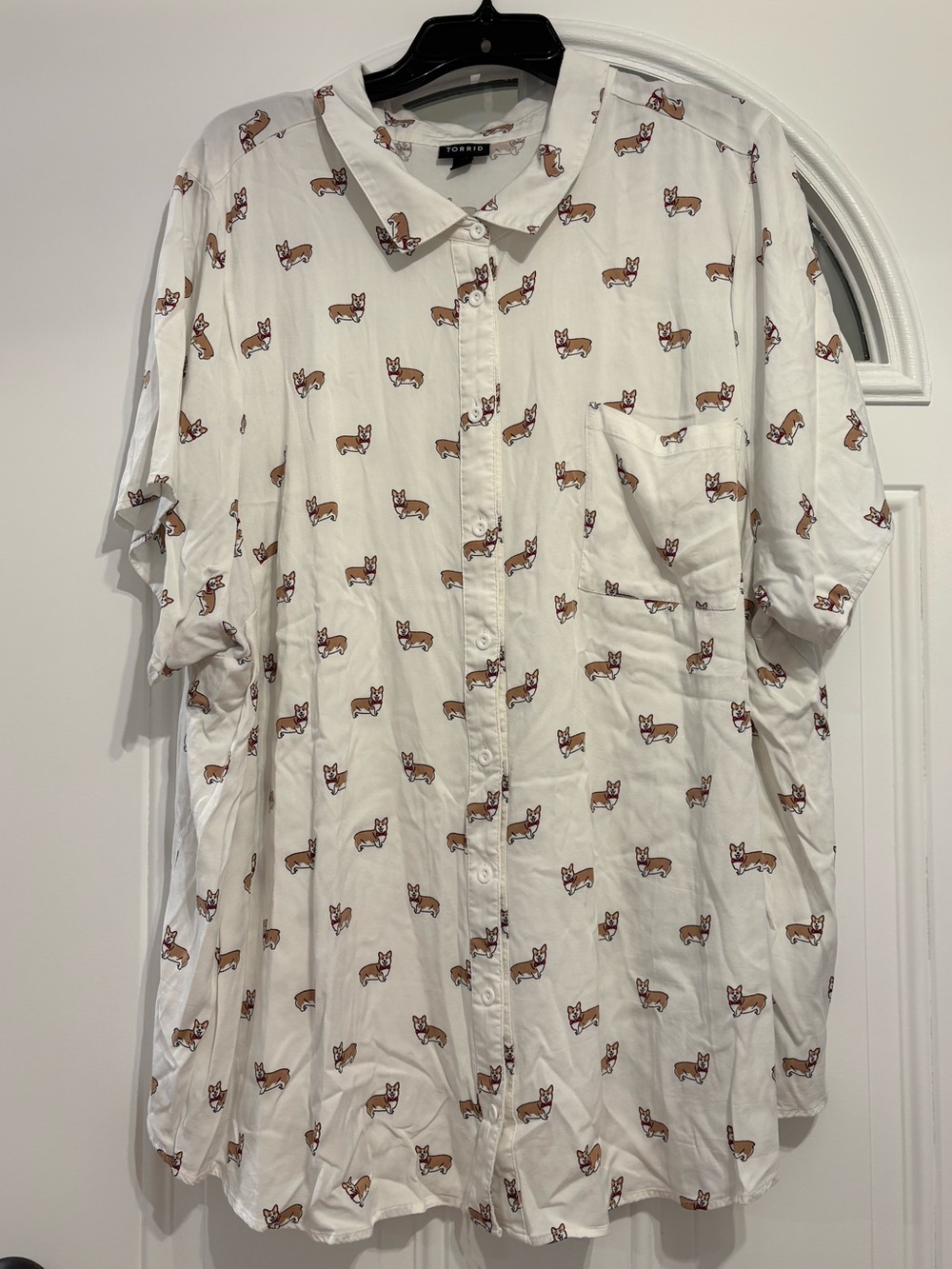 Torrid Casual Short-Sleeve White Button-Down Shirt with Corgi Print
